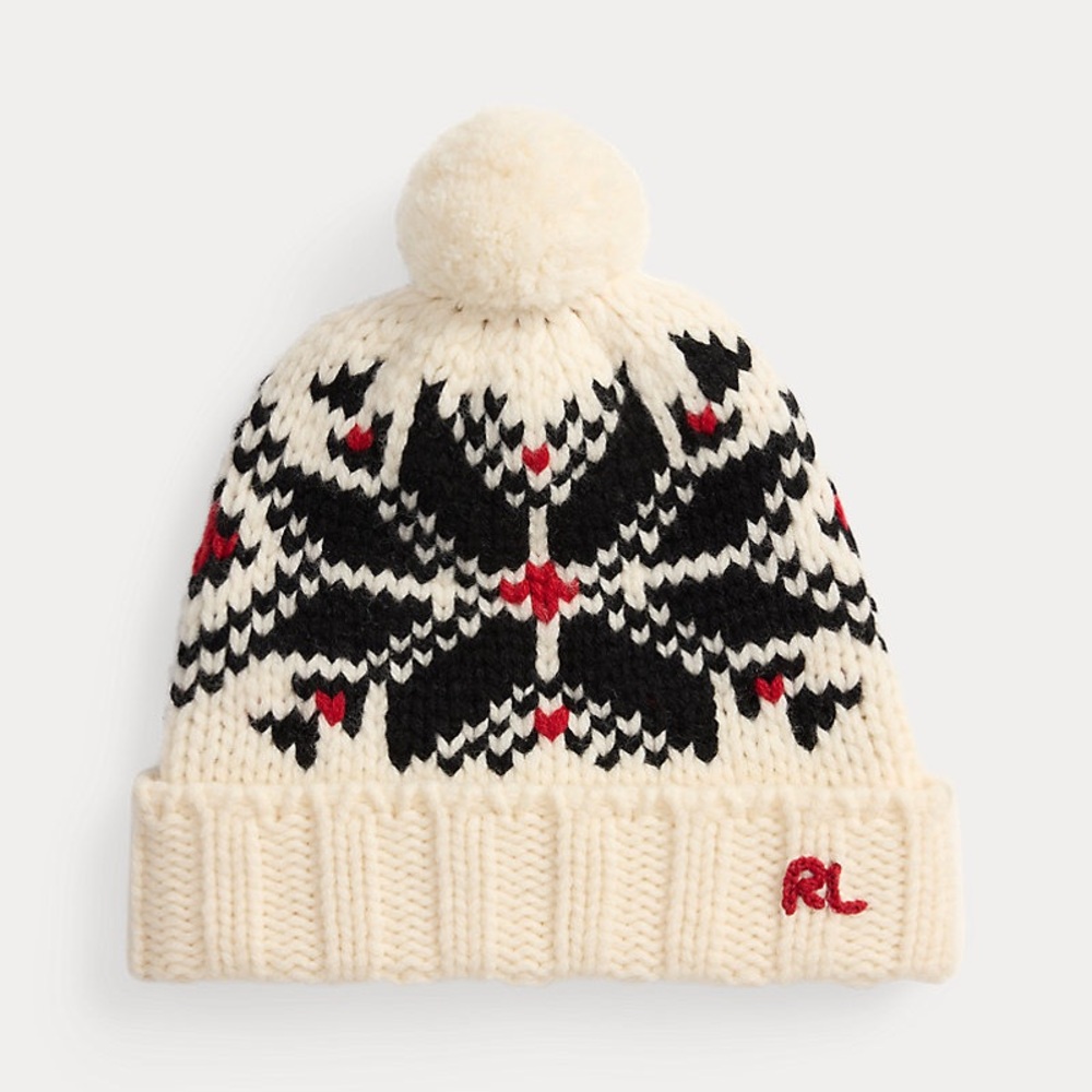 POLO RALPH LAUREN SNOWFLAKE WOOL KNIT BEANIE WITH POMPOM WHITE BLACK RED NWOT